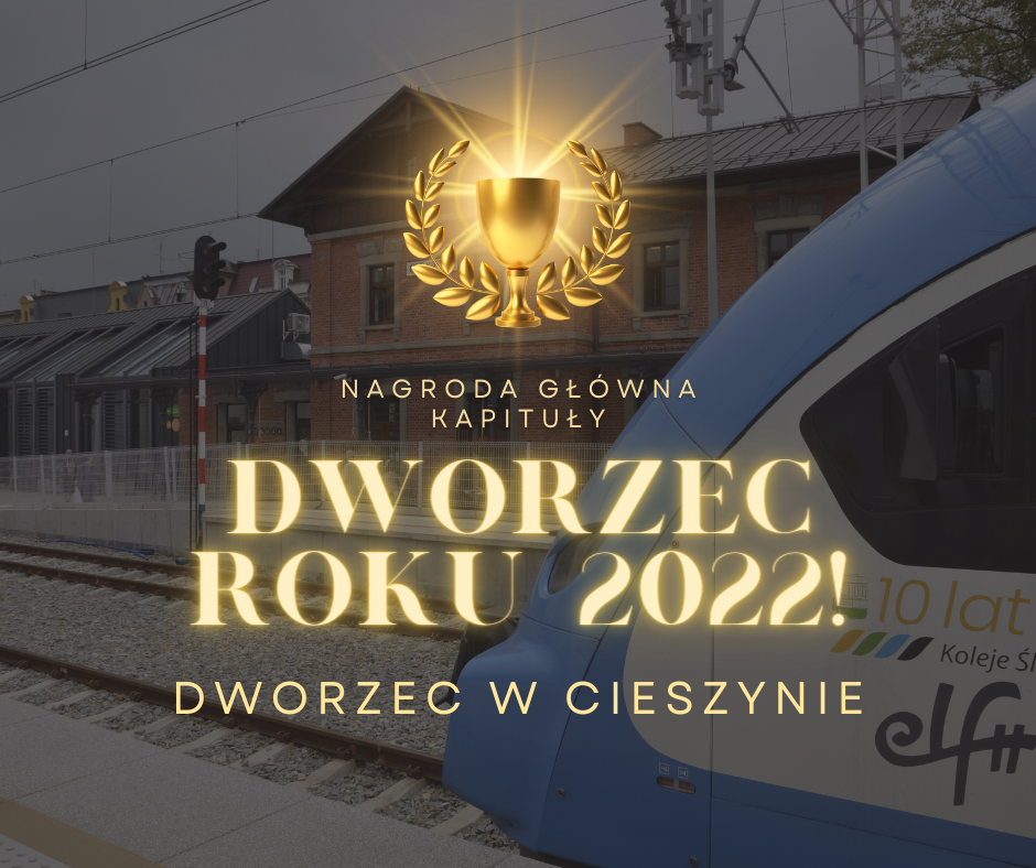 Grafika przedstawiająca pociąg Kolei Śląskich, w tle widoczny budynek Dworca Cieszyn. Na grafikę naniesiono napisy 
